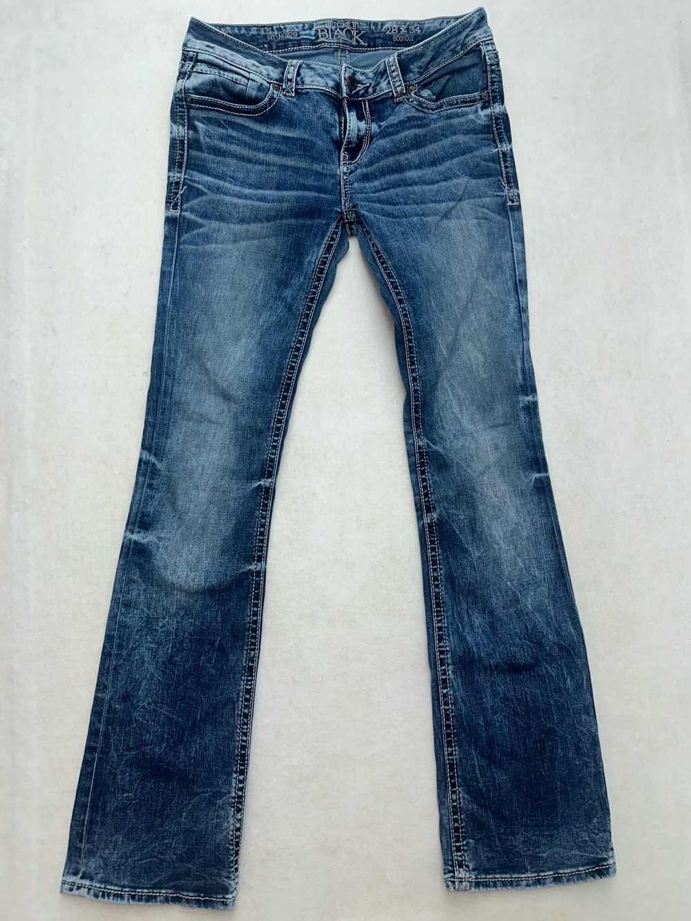 Buckle Black Womens Jeans 28x34 Fit No 129 Bootcut Thick Stitch Distressed Denim